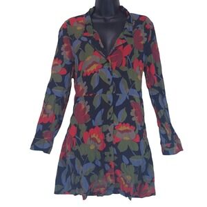 Zara Trafaluc Floral Button Down Mini‎ Dress M Long Sleeve Navy Red Artsy Boho